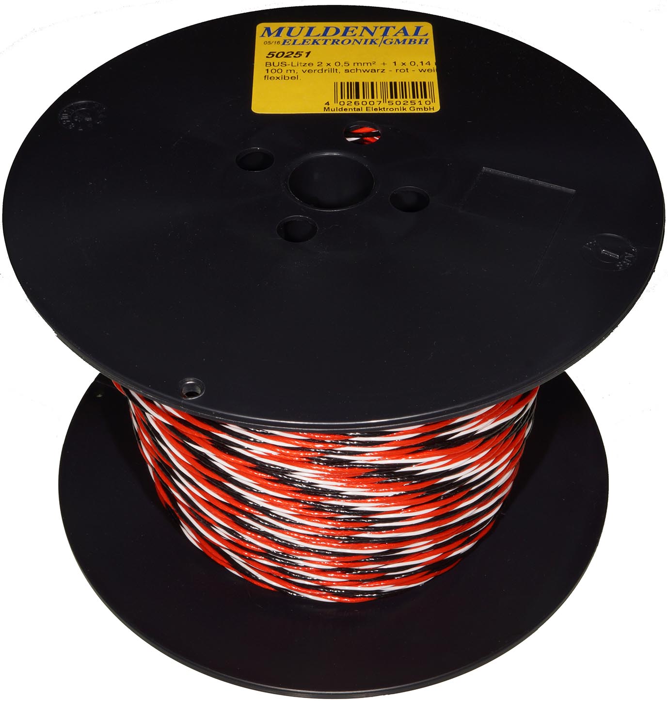 PE-BUS-Litze 2 x 0,5 mm² +1 x 0,14 mm²|
100 m, verdrillt, schwarz - rot - weiß, flex.,
sehr glatt, gutes Gleitverhalten
- Made in Germany -
max: 48 V, 10,4 / 4,5 A