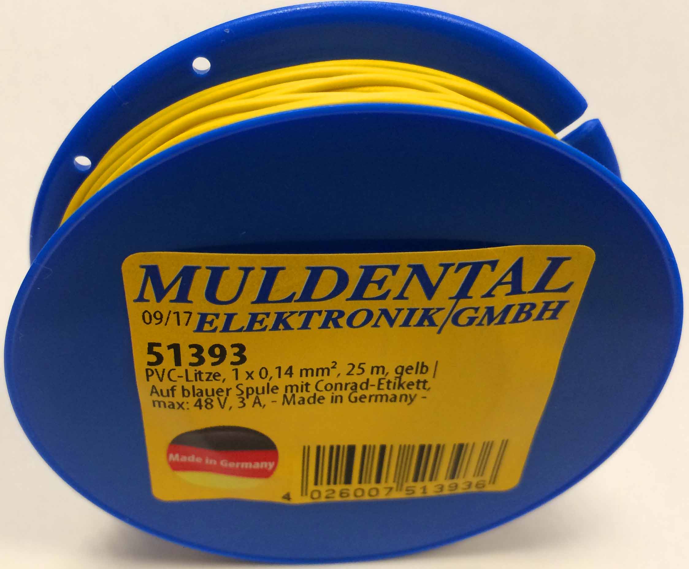 PVC-Litze, 1 x 0,14 mm², 25 m, gelb |
auf blauer Spule mit Conrad-Etikett, 
max: 48 V, 3 A - Made in Germany -
