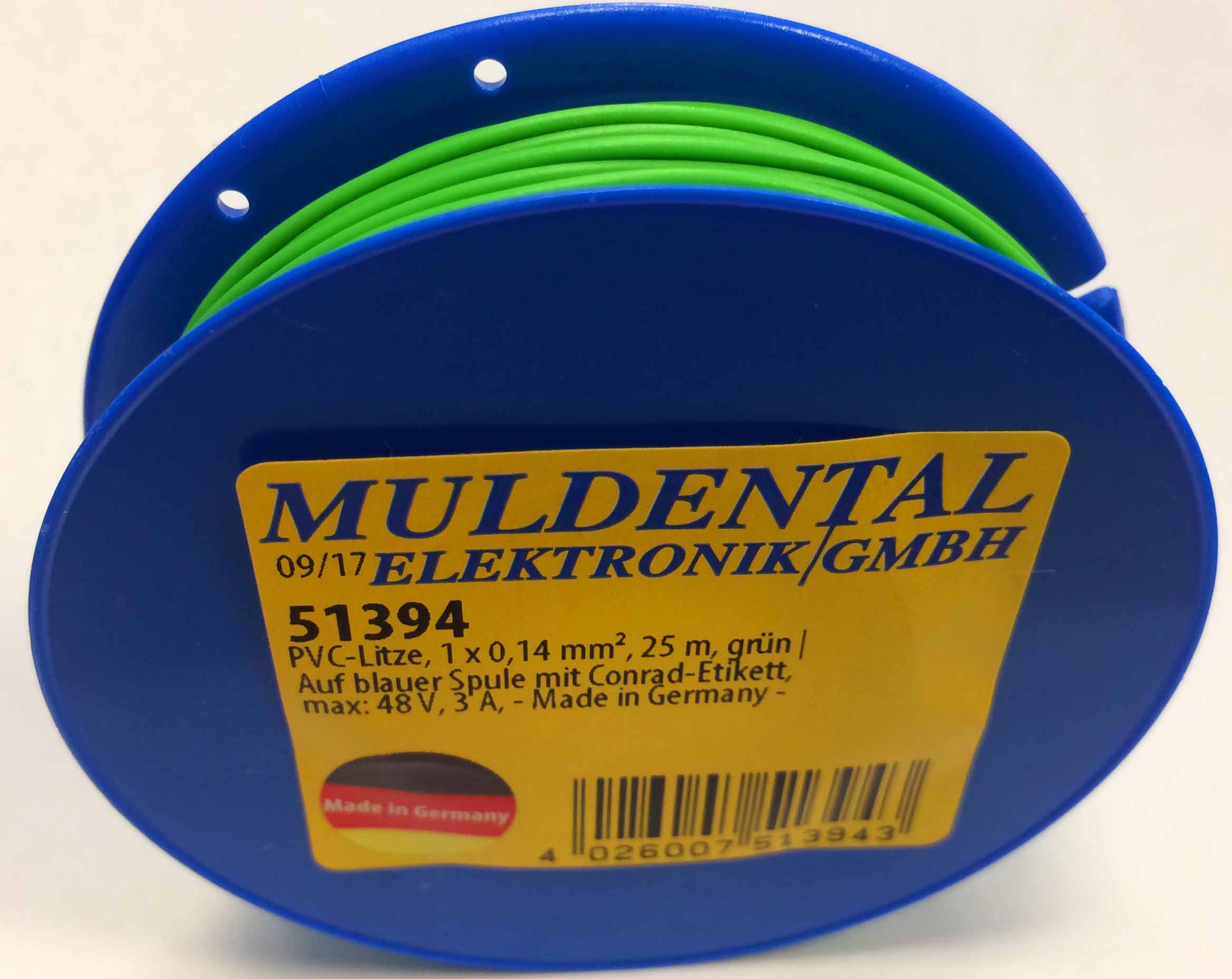 PVC-Litze, 1 x 0,14 mm², 25 m, grün |
auf blauer Spule mit Conrad-Etikett, 
max: 48 V, 3 A - Made in Germany -