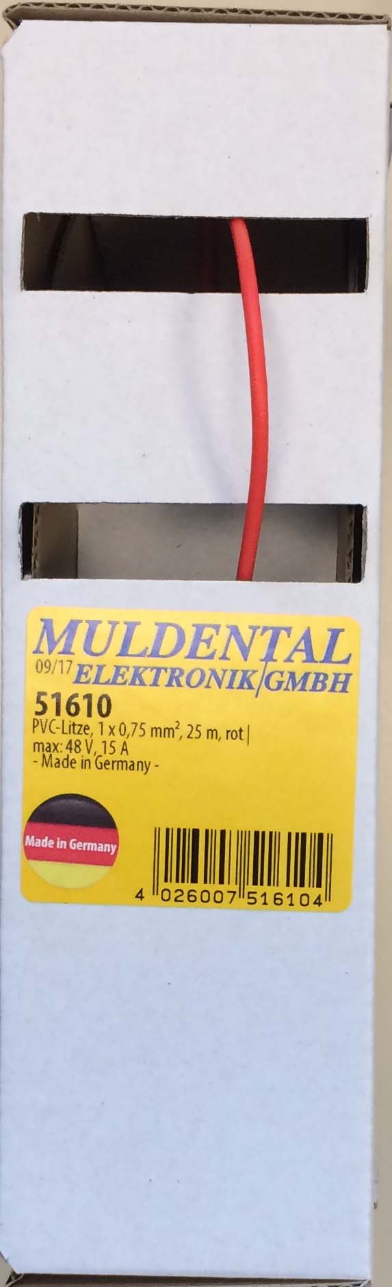 PVC-Litze, 1 x 0,75 mm², 25 m, Box rot |
max: 48 V, 15 A
- Made in Germany -