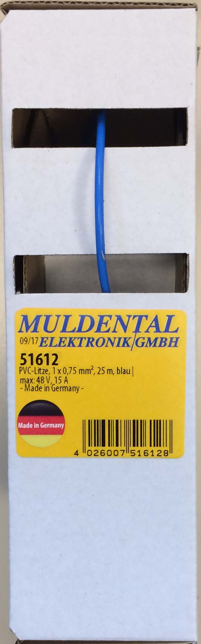 PVC-Litze, 1 x 0,75 mm², 25 m, Box, blau |
max: 48 V, 15 A
- Made in Germany -