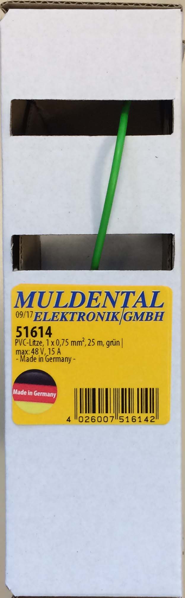 PVC-Litze, 1 x 0,75 mm², 25 m, Box, grün |
max: 48 V, 15 A
- Made in Germany -