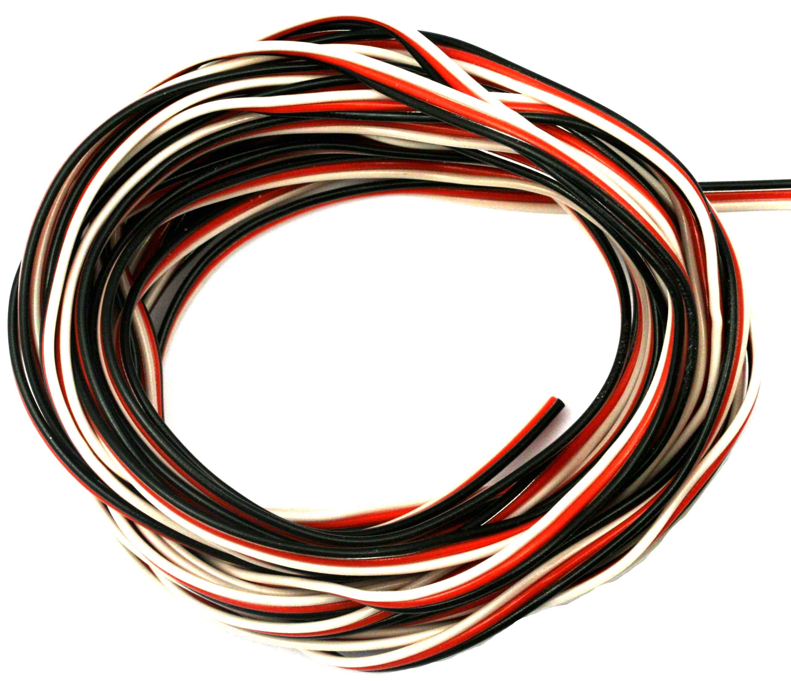 PVC-Servolitze 3-adrig flach, Futaba 
Premium |
0,25 mm², 65 x 0,07 mm, hochflexibel
5 m, 1,2 x 3,7 mm, schwarz, rot, weiß
- Made in Germany -
max.: 48 V, 5 A