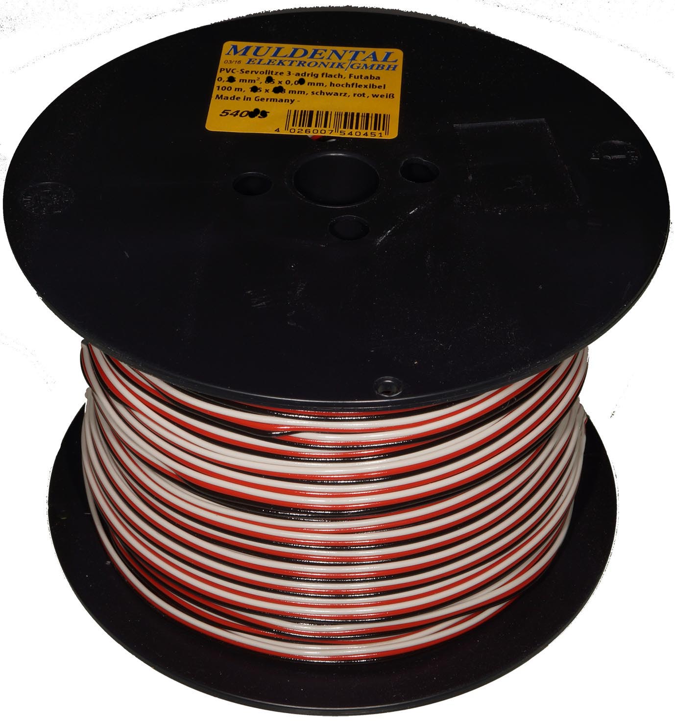 PVC-Servolitze 3-adrig flach, Futaba
Premium |
0,14 mm², 72 x 0,05 mm, hochflexibel
100 m, 1,1 x 3,3 mm, schwarz, rot, weiß
- Made in Germany -
max.: 48 V, 3 A
