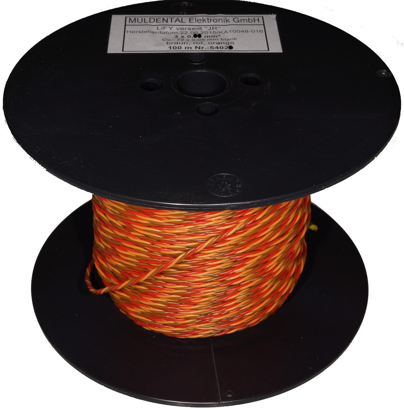 PVC-Servolitze 3-adrig verdrillt |
JR/Graupner, 0,08 mm², 19 x 0,07 mm
hochflexibel, 100 m, braun, rot, orange
- Made in Germany -
max.: 48 V, 1,5 A
