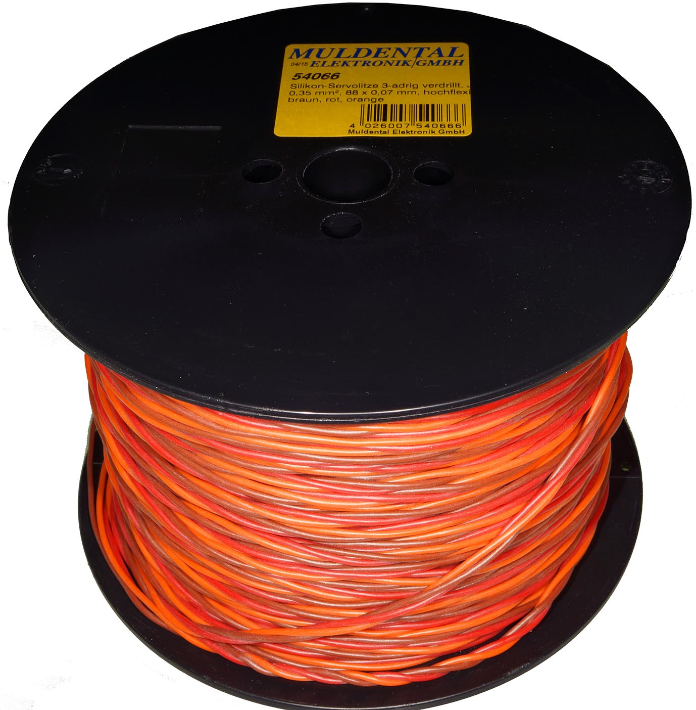 Silikon-Servolitze 3-adrig verdrillt |
JR/Graupn., 0,35 mm², 88 x 0,07 mm
hochflexibel, 100 m, braun, rot, orange
- Made in Germany -
max.: 48 V, 8 A