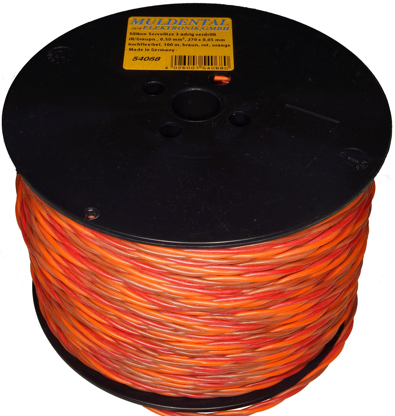 Silikon-Servolitze 3-adrig verdrillt |
JR/Graupn., 0,50 mm², 270 x 0,05 mm
hochflexibel, 100 m, braun, rot, orange
- Made in Germany -
max.: 48 V, 12 A