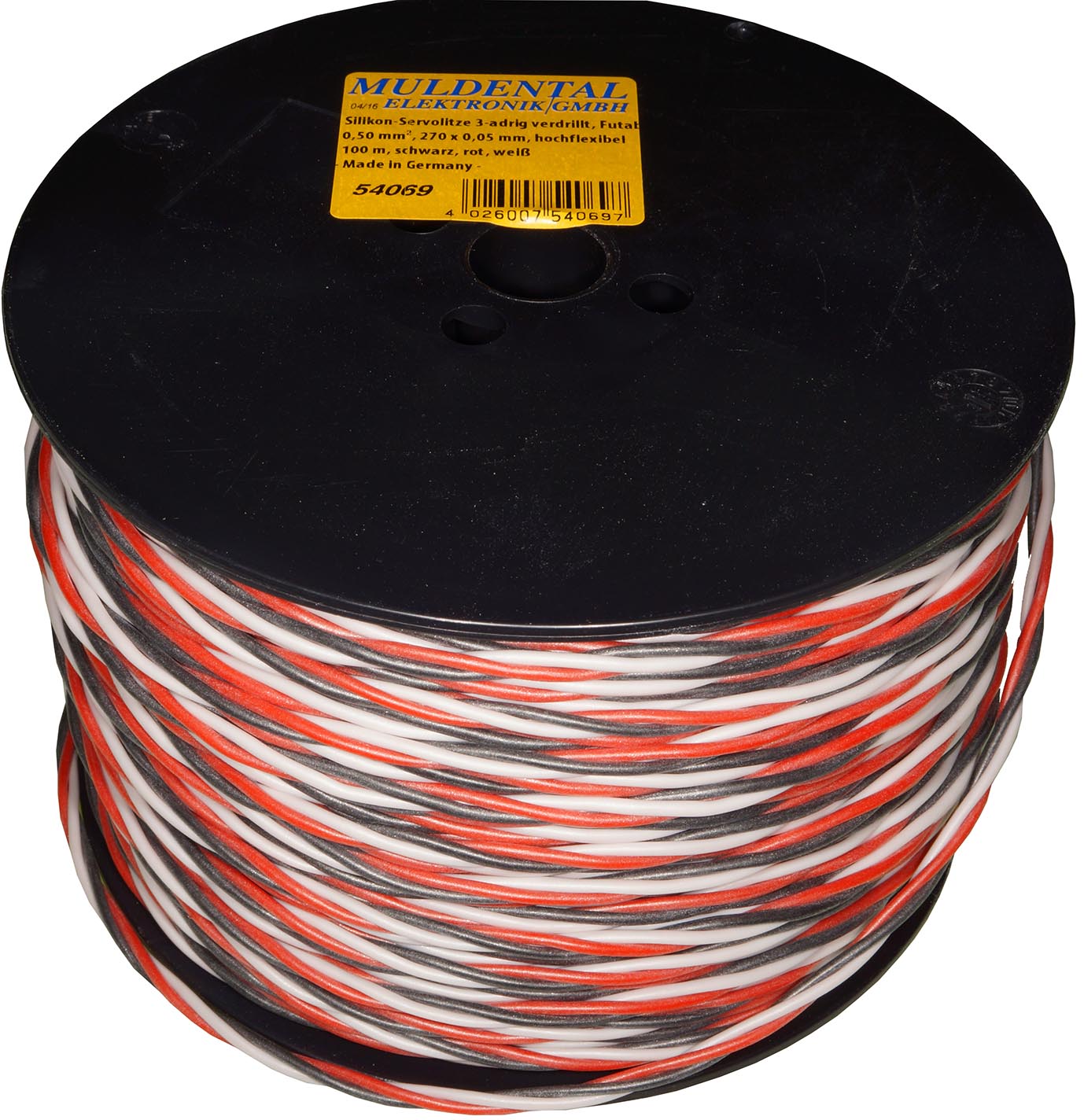 Silikon-Servolitze 3-adrig verdrillt, Futaba |
0,50 mm², 270 x 0,05 mm, hochflexibel
100 m, schwarz, rot, weiß
- Made in Germany -
max.: 48 V, 12 A