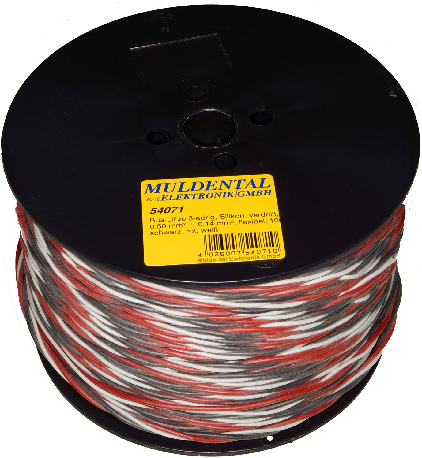 Bus-Litze 3-adrig, Silikon, verdrillt, Futaba |
2 x 0,50 mm² + 1 x 0,14 mm², flexibel, 
Meterware (min.500 m) schwarz, rot, weiß
- Made in Germany -
max.: 48 V, 12 / 3 A