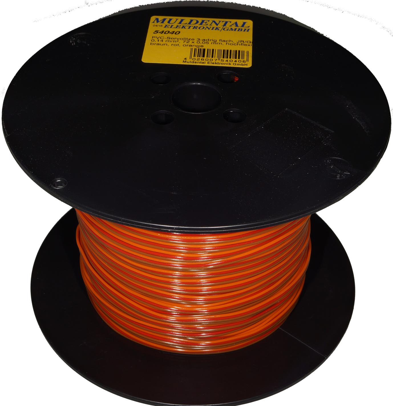 PVC-Servolitze 3-adrig flach, JR/Graupner|
0,14 mm², 72 x 0,05 mm, hochflexibel
500 m, 1,1 x 3,9 mm, braun, rot, orange
- Made in Germany -
max.: 48 V, 3 A