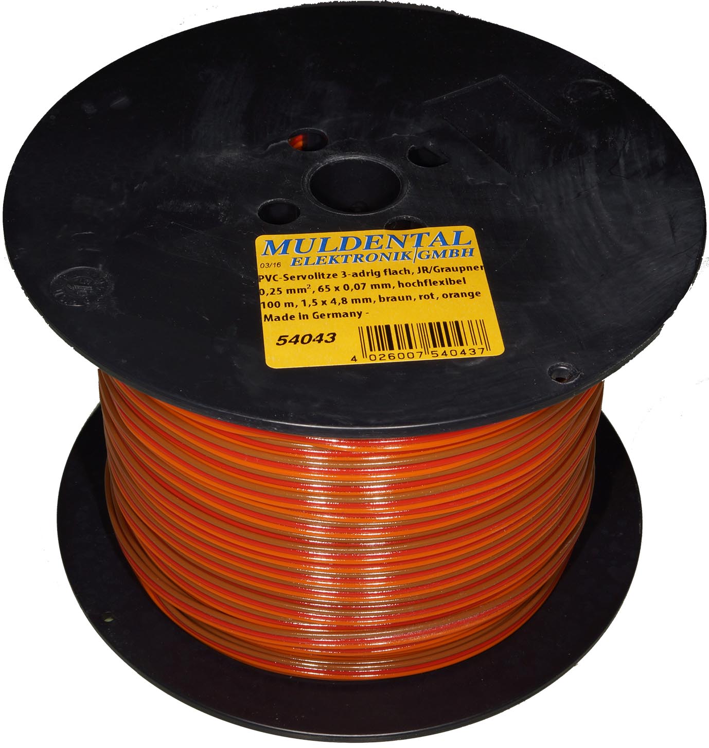 PVC-Servolitze 3-adrig flach, JR/Graupner|
0,25 mm², 65 x 0,07 mm, hochflexibel
500 m, 1,5 x 4,8 mm, braun, rot, orange
- Made in Germany -
max.: 48 V, 5 A