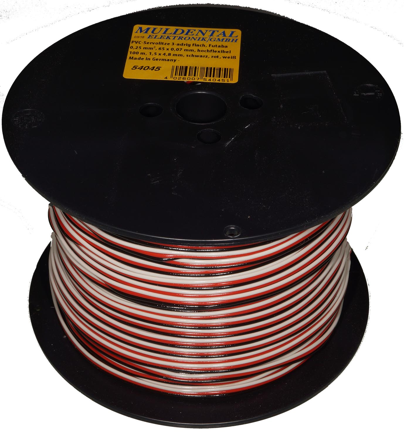 PVC-Servolitze 3-adrig flach, Futaba|
0,25 mm², 65 x 0,07 mm, hochflexibel
500m, 1,5 x 4,8 mm, schwarz, rot, weiß
- Made in Germany -
max.: 48 V, 5 A