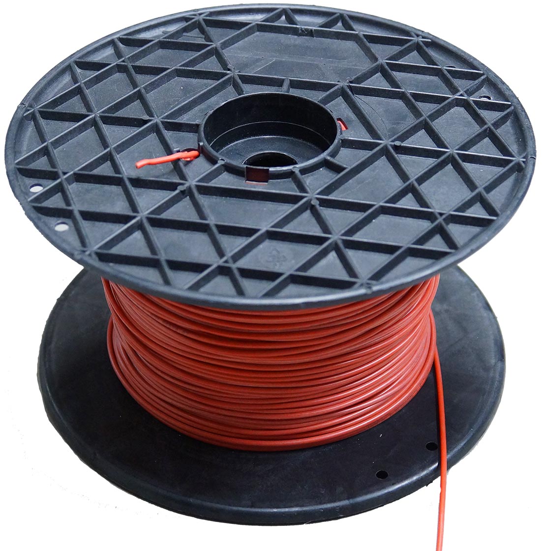 Silikon-Litze extrem geschmeidig, rot |
0,50 mm², 270 x 0,05 mm, Großtrommel, 
Länge auf Anfrage 
max: 48 V, 7,5 A (5 min: 20,5 A)
- Made in Germany -