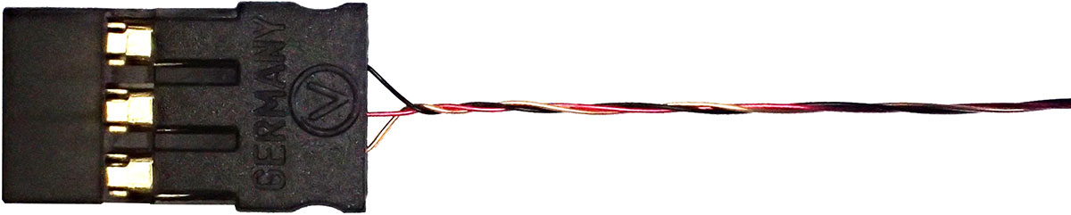 Servoanschlusskabel JR, 15 cm |
0,031 mm², Kupferlackdraht, verdrillt,
max. Belastbarkeit kurzzeitig 1,0 A, verpackt
- Made in Germany -
