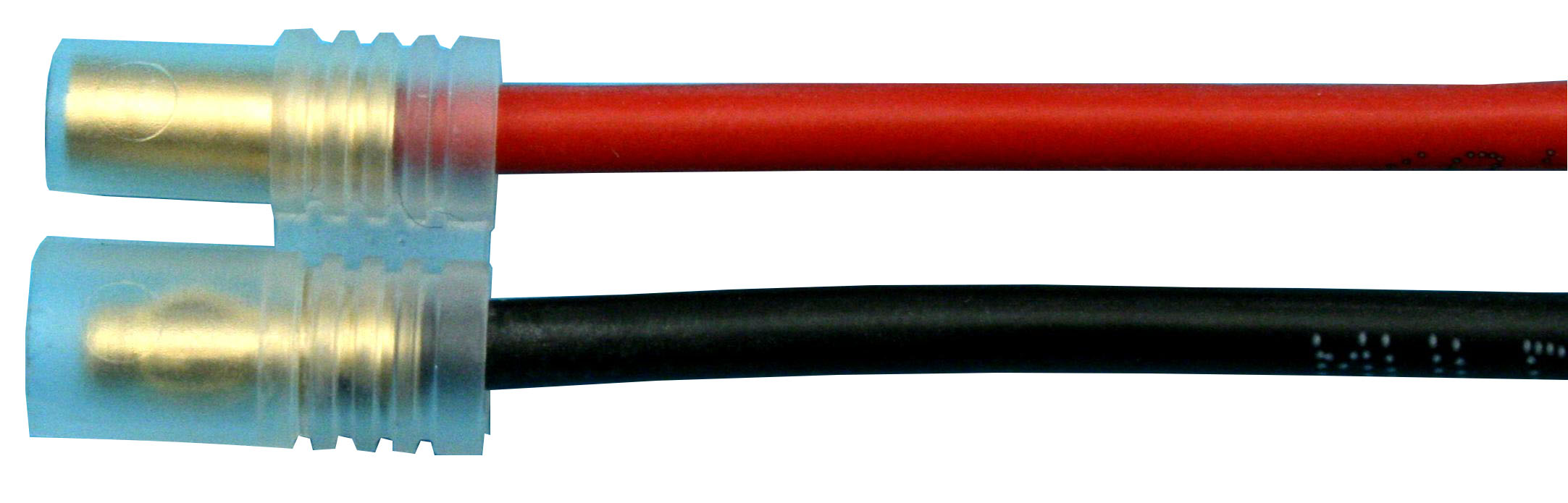 Akkugegenkabel mit 3,5 mm | Goldsteckverb.,
Stecker Minuspol sw, Buchse Pluspol rot, 
2,5 mm², Silikonlitze, 30 cm, verpackt, 
- Made in Germany -