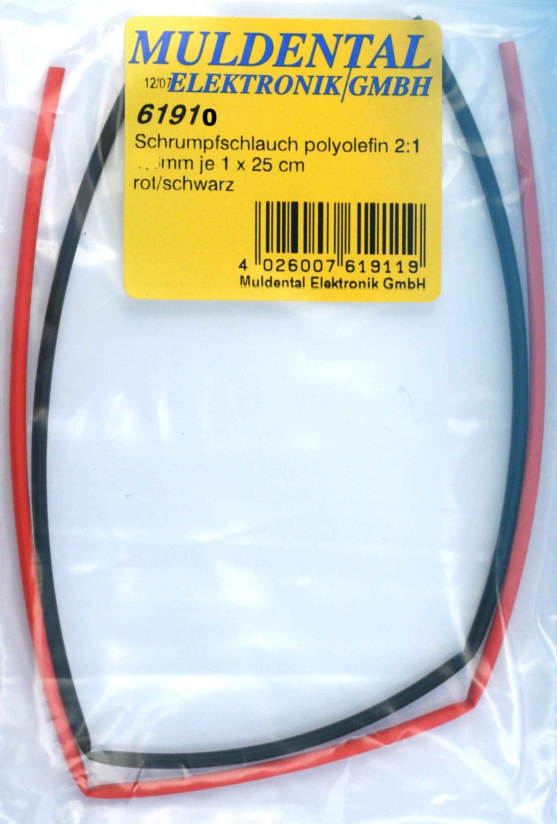 Schrumpfschlauchsortiment  je 1 x 25 cm |
Stücke: 1,2 mm rot + 1,2 mm schwarz, 
polyolefin, selbst verlöschend, Rate 2:1