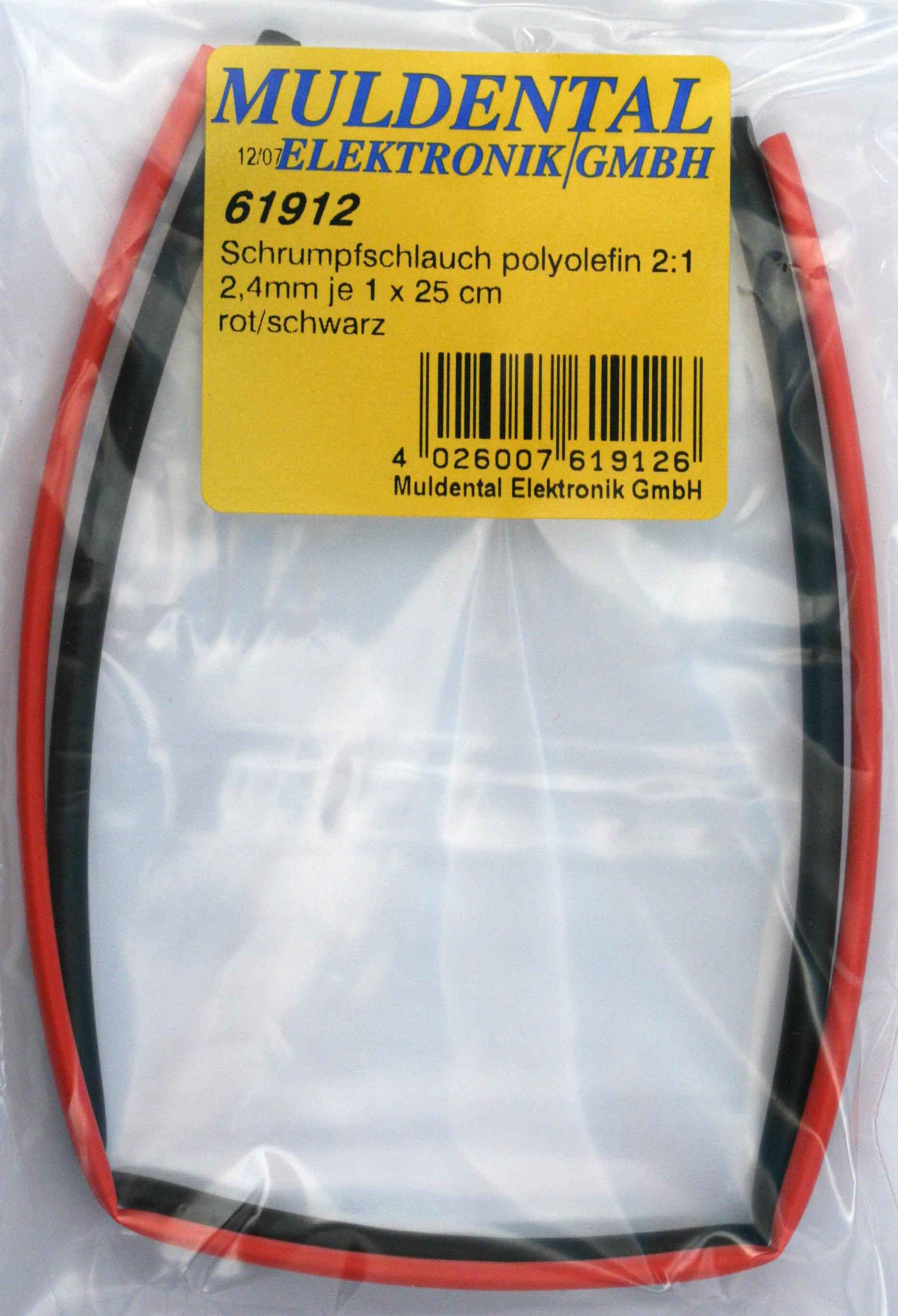 Schrumpfschlauchsortiment  je 1 x 25 cm |
Stücke: 2,4 mm rot + 2,4 mm schwarz, 
polyolefin, selbst verlöschend, Rate 2:1