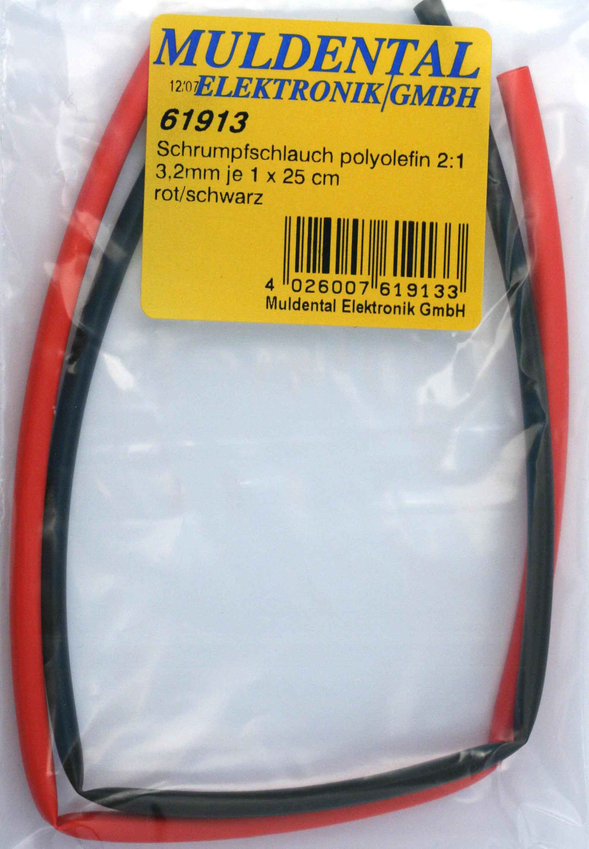 Schrumpfschlauchsortiment  je 1 x 25 cm |
Stücke: 3,2 mm rot + 3,2 mm schwarz, 
polyolefin, selbst verlöschend, Rate 2:1