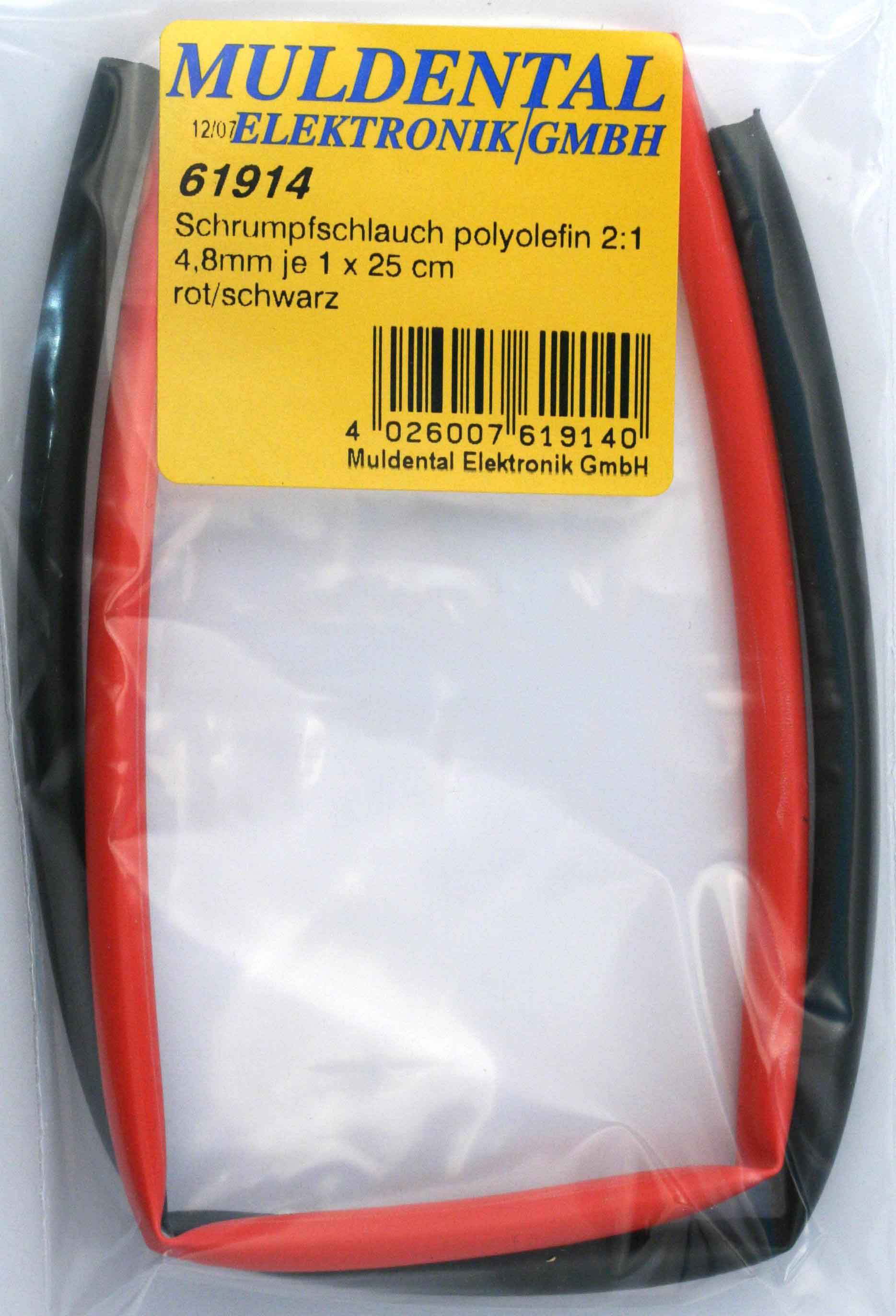 Schrumpfschlauchsortiment  je 1 x 25 cm |
Stücke: 4,8 mm rot + 4,8 mm schwarz, 
polyolefin, selbst verlöschend, Rate 2:1