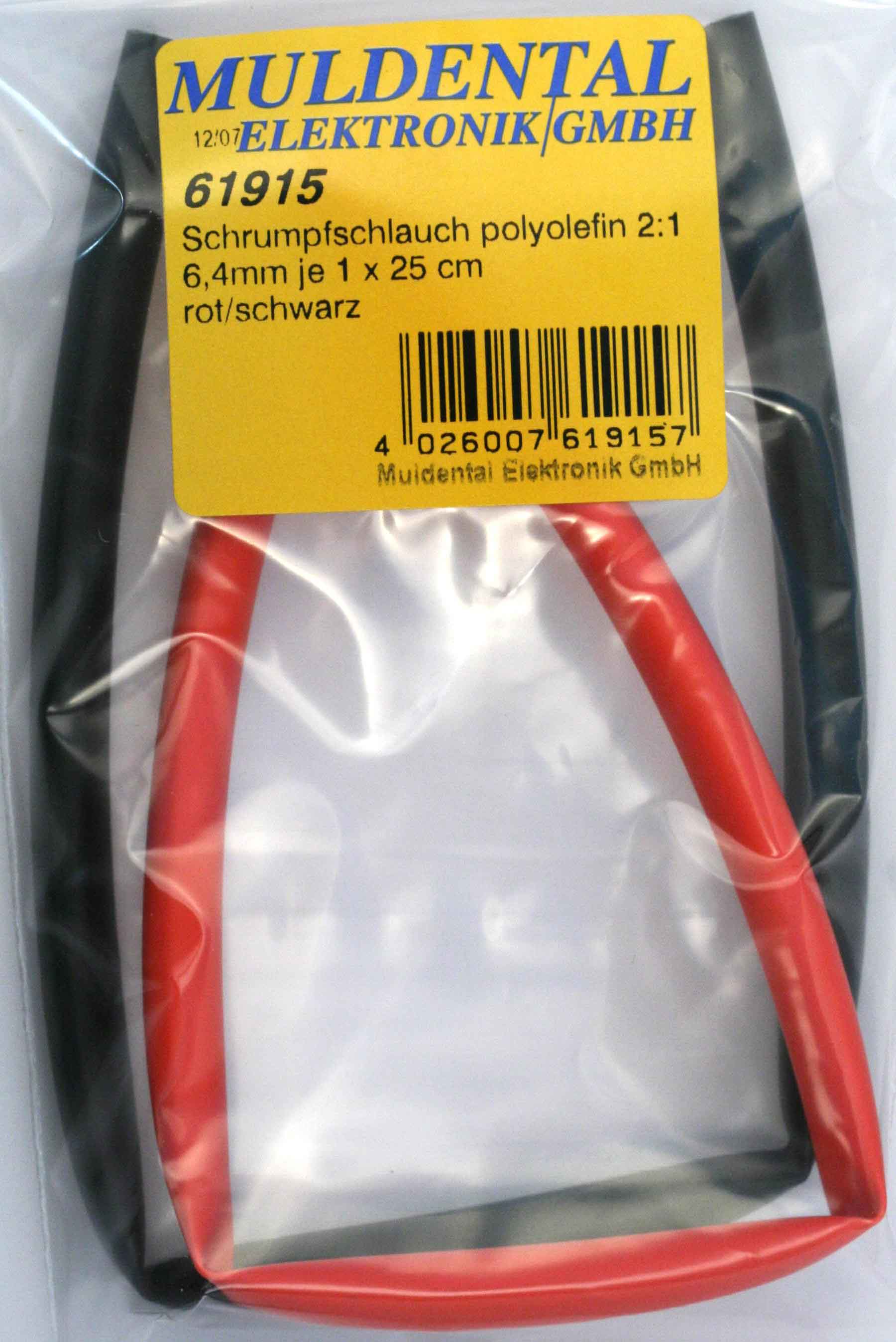 Schrumpfschlauchsortiment  je 1 x 25 cm |
Stücke: 6,4 mm rot + 6,4 mm schwarz, 
polyolefin, selbst verlöschend, Rate 2:1