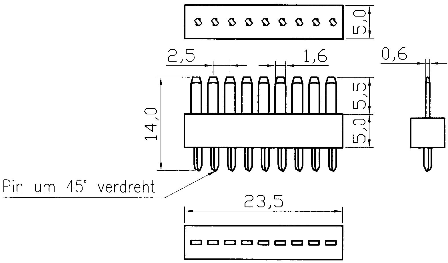 Stecker 9-polig, gerade, grau |  
Stiftpin gold