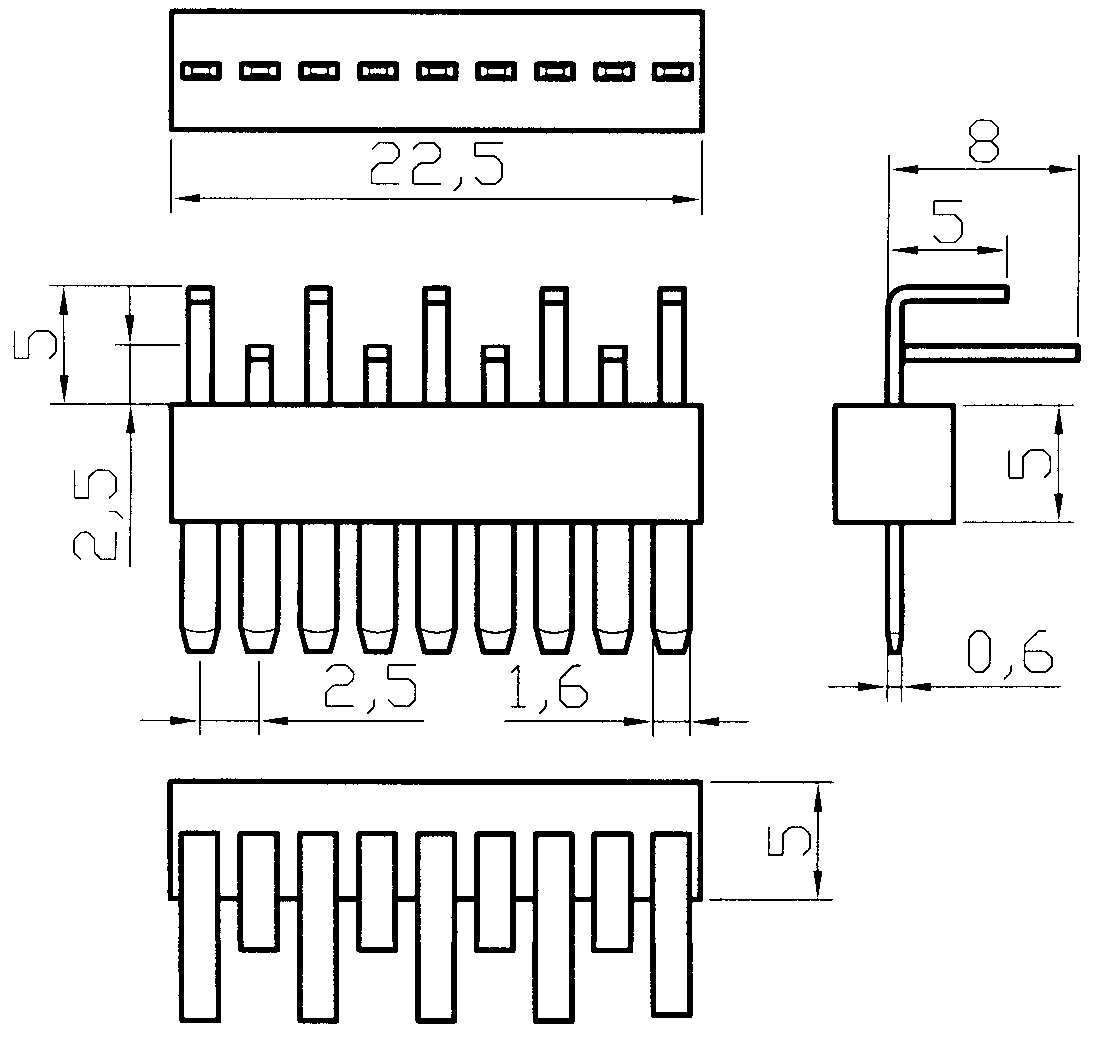 Stecker 9-polig, abgewinkelt, grau |  
Stiftpin gold, mit langem Pin beginnend
 - Made in Germany -