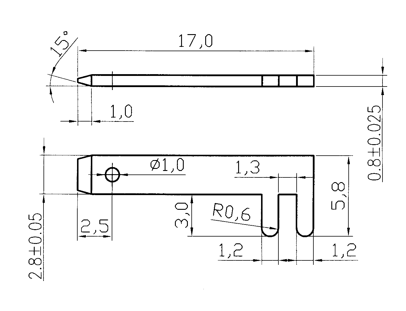 Flachsteckerkontakt 2,8x0,8 Ni2Sn5 |
gewinkelt, 2 Lötfahnen, mit Loch, 1000 Stück
=A901 0105 1406 
