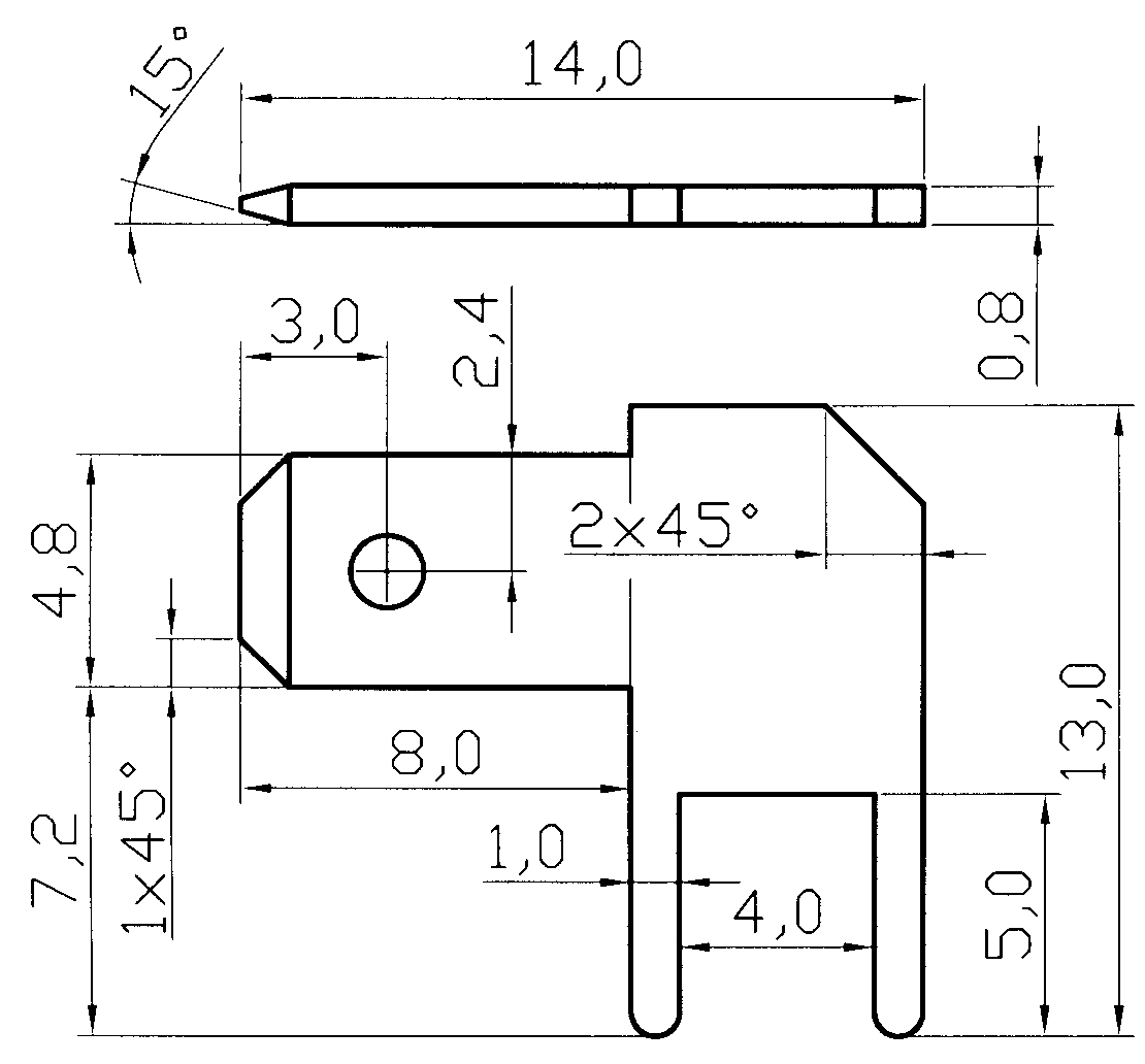 Flachsteckerkontakt 4,8x0,8 Ni2Sn5 |
gewinkelt,mit Loch 1,5 mm, 2 Pins, 
1000 Stück
A90101051401