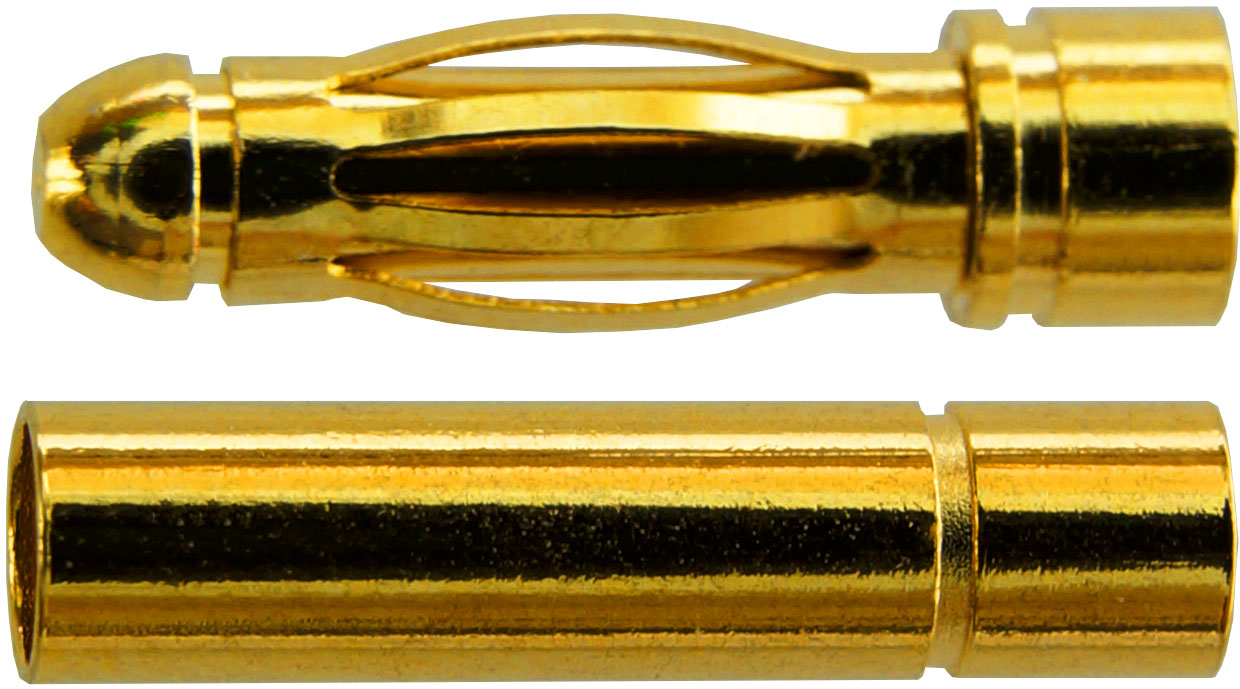 3,0 mm Goldverbinder |
Stecker + Buchse, 5 Paar im Beutel
BASIC Qualität - Asien
3 s: 40 A, 2 min: 30 A, 24 h: 15 A
max: 2,5 mm² (AWG13), 
(Herstellerangabe)