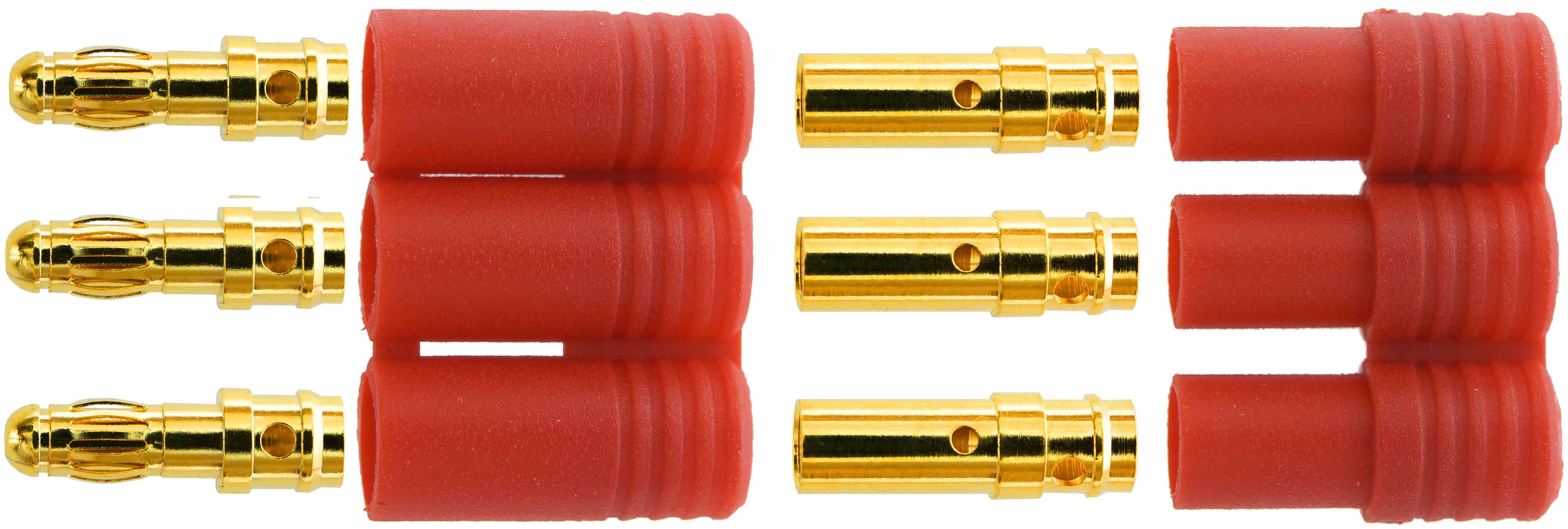3,5 mm Motoranschluss Goldverbinder |
Stecker + Buchse, 10 Paar im Beutel
BASIC Qualität - Asien
3 s: 55 A, 2 min: 50 A, 24 h: 30 A
max: 4,0 mm² (AWG11), 
(Herstellerangabe)