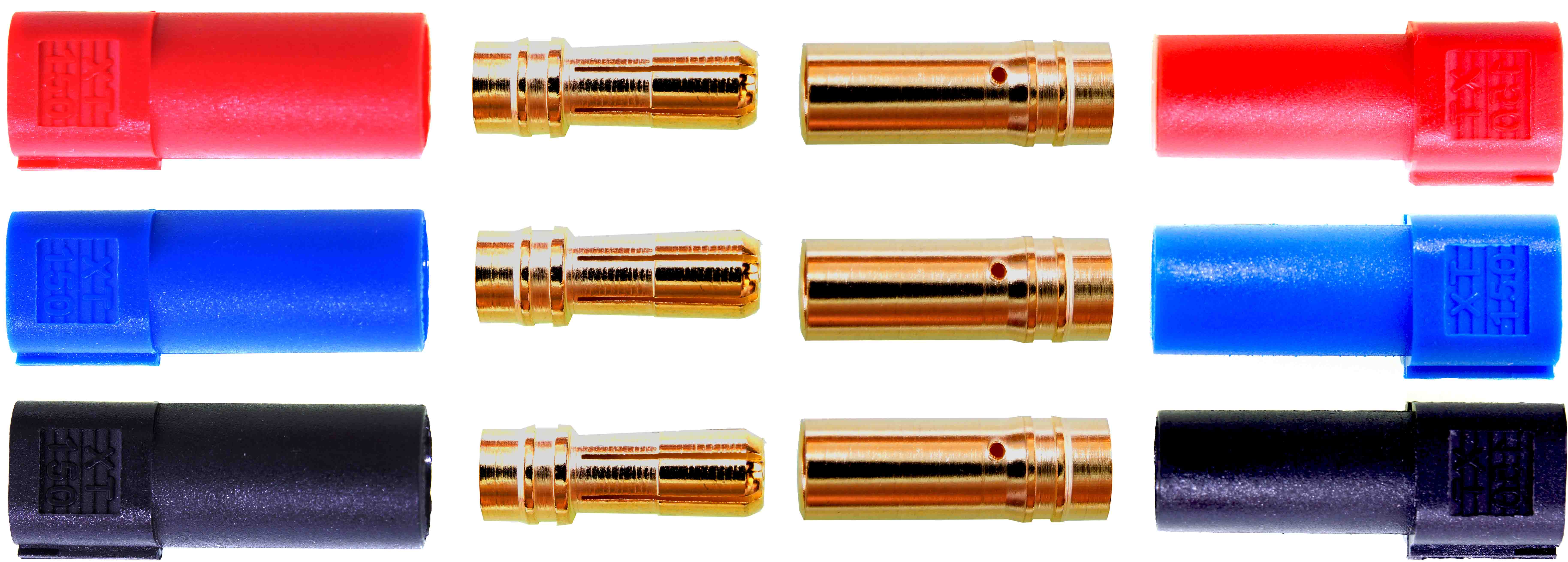 XT150, Motoranschluss, Goldverbinder |
Stecker + Buchse, 5 Paar im Beutel
BASIC Qualität - Asien
3 s: 150 A, 2 min: 90 A, 24 h: 50 A
max: 16 mm² (AWG6)
(Herstellerangabe)