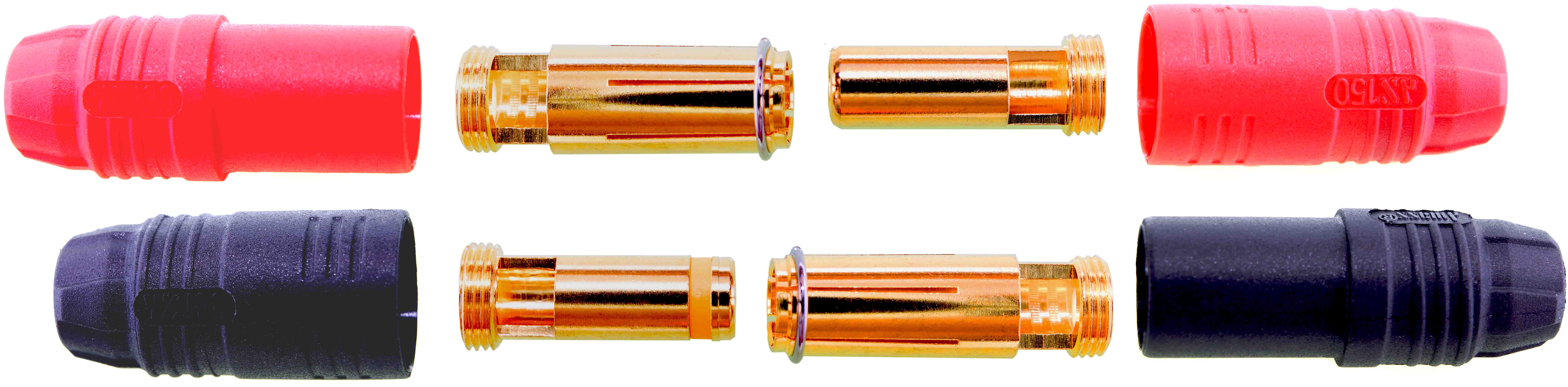 7-mm -Antiblitz - Goldverbinder |
Stecker + Buchse, 5 Paar im Beutel
BASIC Qualität - Asien
3 s: 300 A, 24 h: 180 A 
max: 8 mm² (AWG8)
(Herstellerangabe)