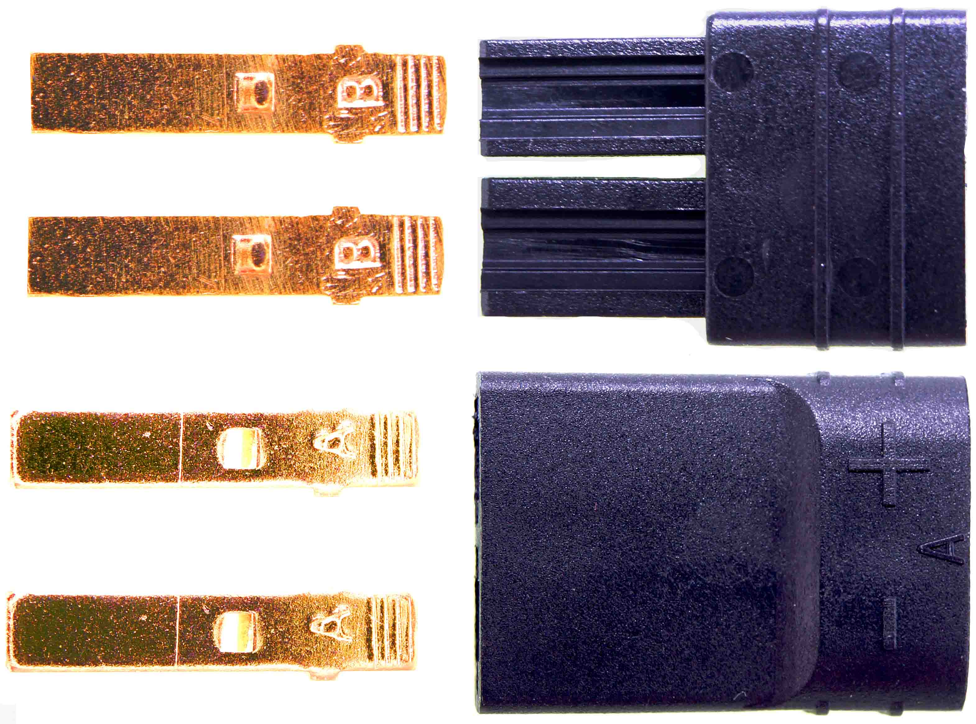 TRX - Traxxas Goldverbinder |
Stecker + Buchse, 1 Paar im Beutel
BASIC Qualität - Asien
3 s: 70 A, 2 min: 50 A, 24 h: 36 A
max: 4 mm² (AWG11)
(Herstellerangabe)